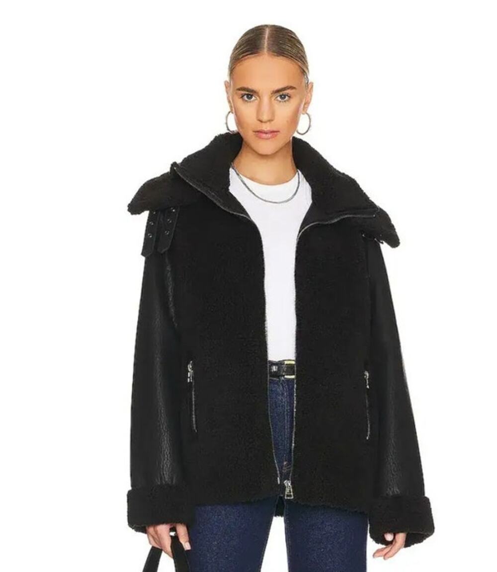 NWT Unreal Fur Revolve Symbiosis Coat Vegan Shearling Leather Moto Black M
